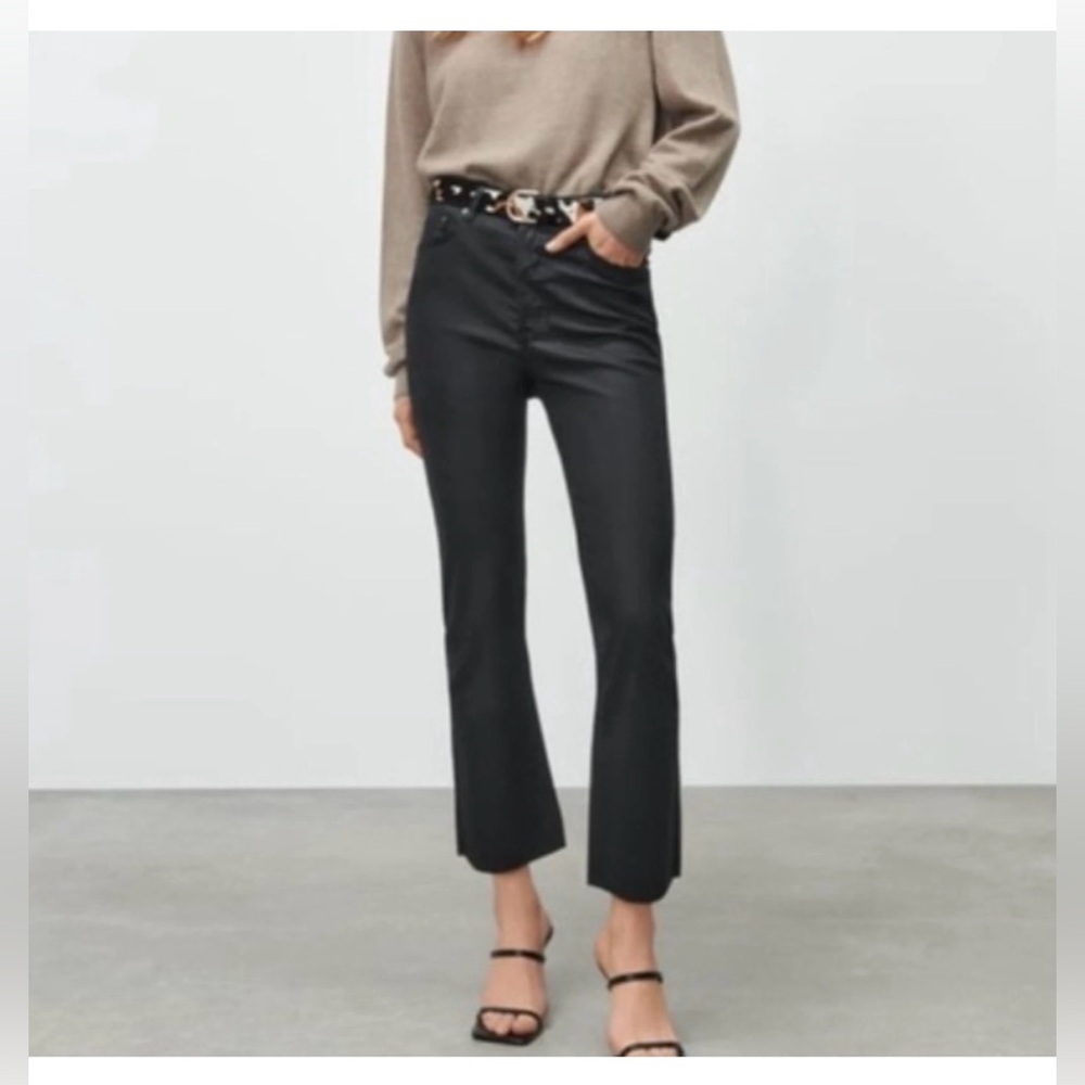 Zara Dreed Flare Raw Hem Cropped Faux Leather Waxed Denim Jeans Size US 2